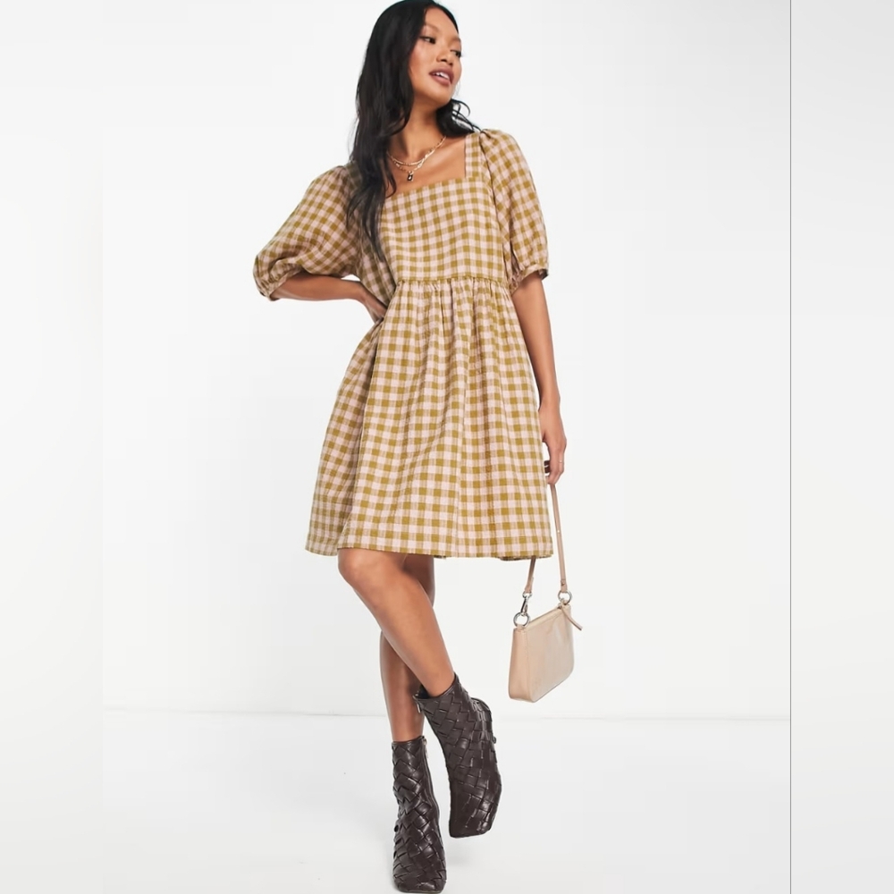 Madewell Yellow Gingham Puff-Sleeve Mini Dress